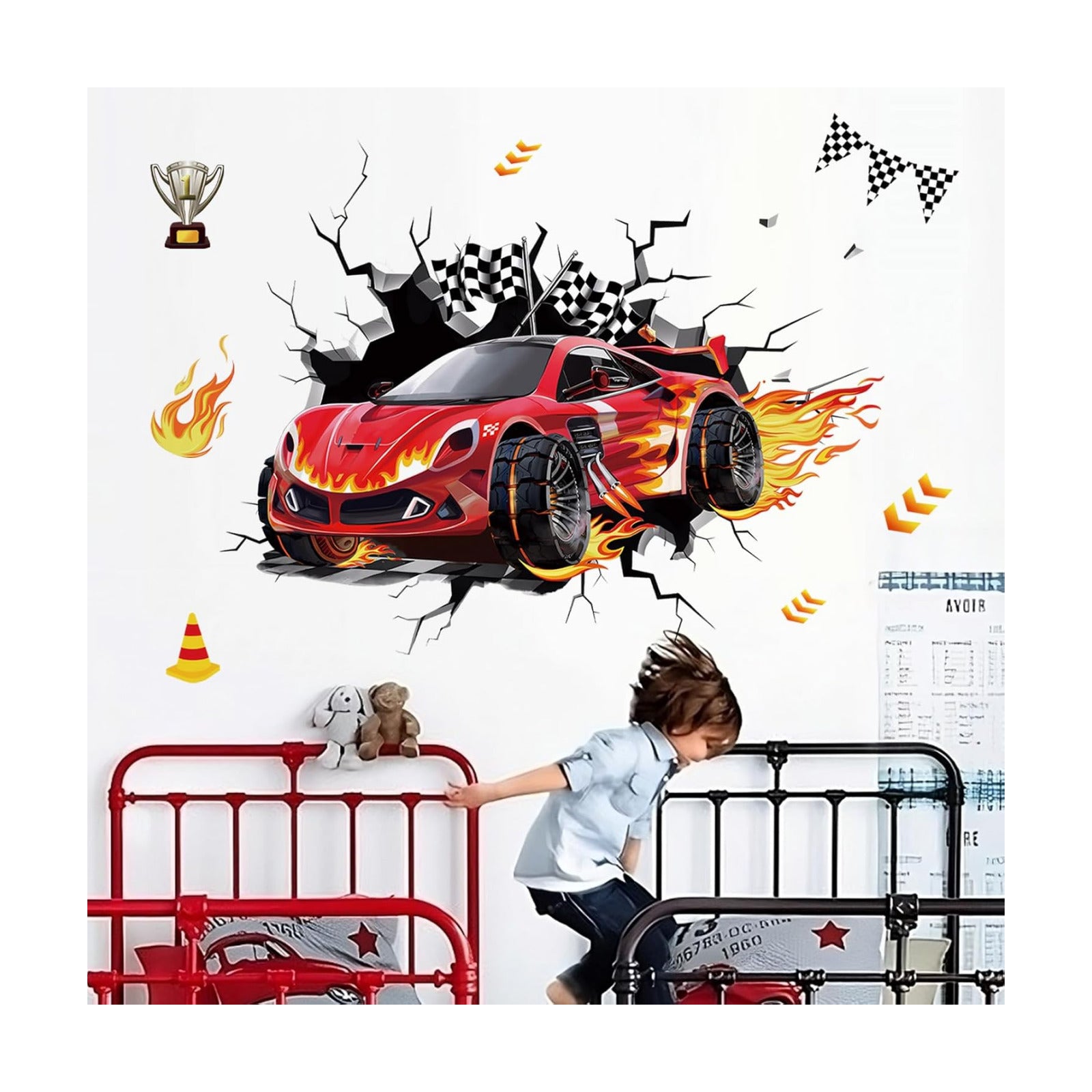 3D Racing Cars Wall Decals Cars Flags Wall Stickers Baby Nursery Boys Bedroom Kids Room / A / Red