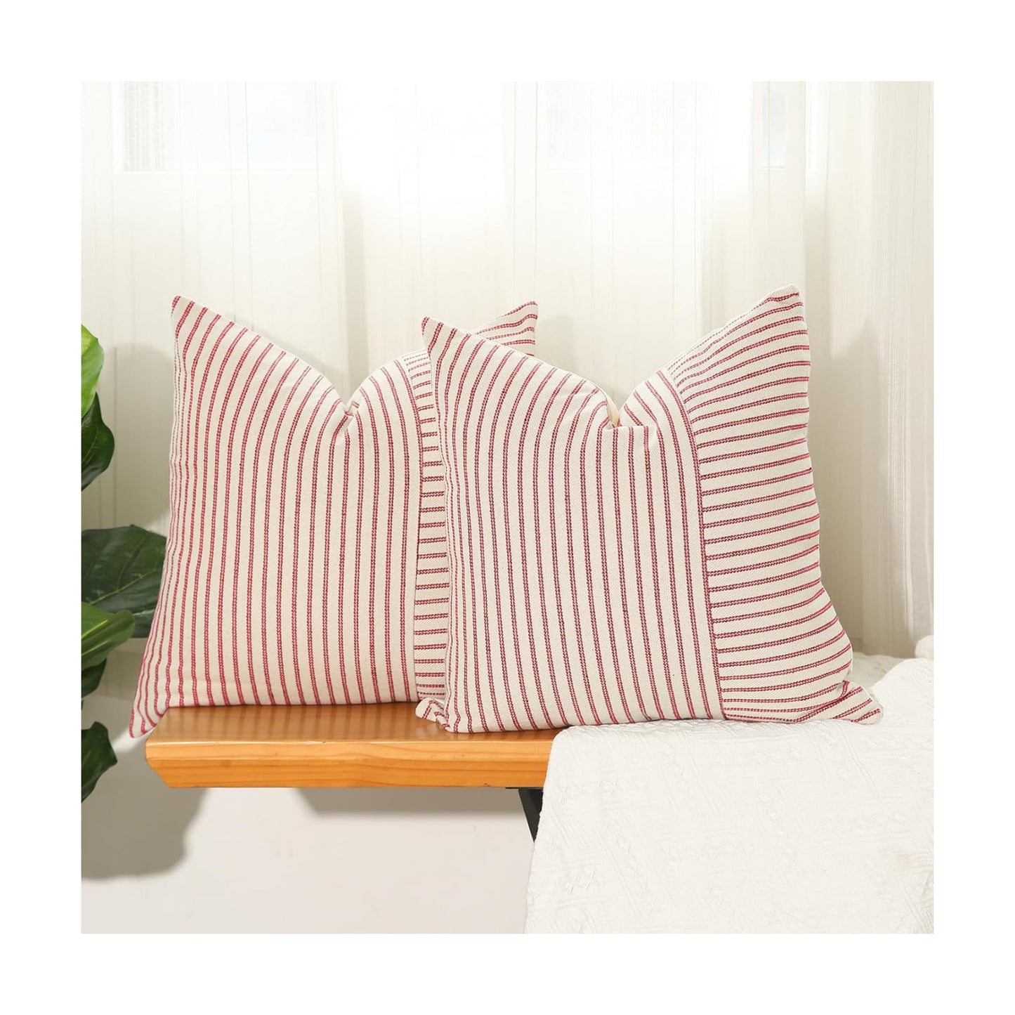 Striped Linen Decorative Pillows Cushion Covers / Red / 18 x 18 / Set of 2