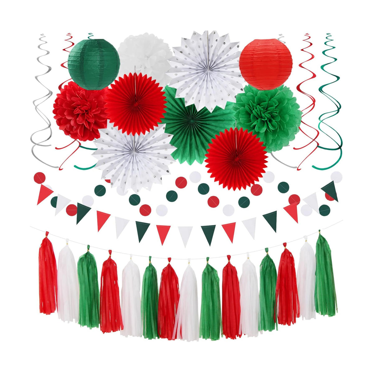 Red-Green White Christmas Party-Decorations - 33pcs Banner,Mexico Italy Streamers Tassel Garland,Tissue Pom Poms Honeycomb,Paper Lantern Fans,Mexican Italian Birthday Wedding Baby Shower Decor Hugtmr