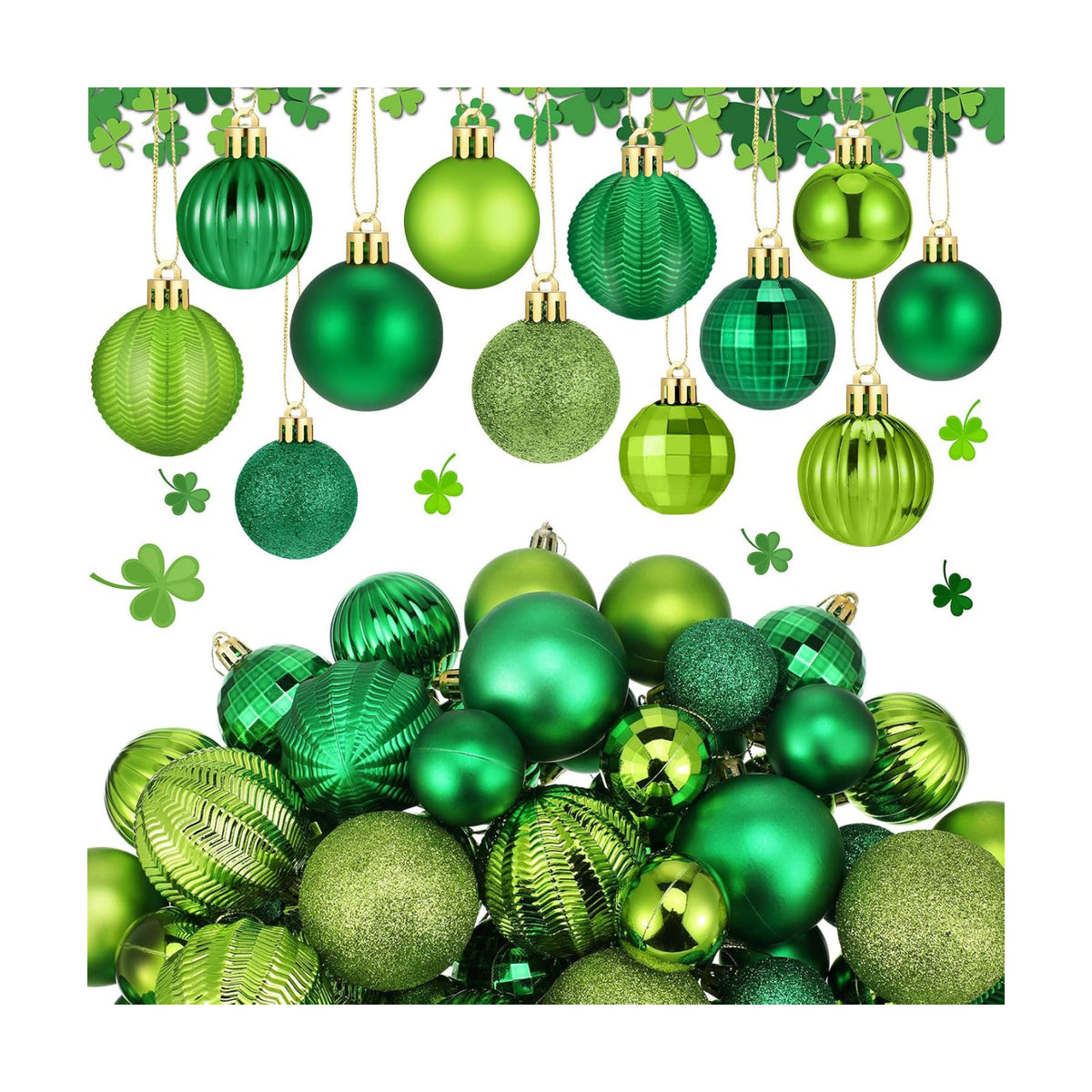 Lunmon 64 Pcs St. Patrick's Day Ball Ornaments Glitter Matt Lime Green Assorted Plastic Irish St. Patrick's Day Decoration for Xmas Tree & Party Supplies