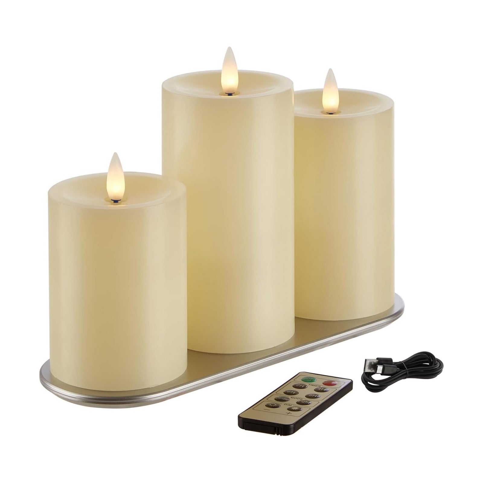Rechargeable Flameless Pillar Candle with Remote Timer, 3D Moving Flame Real Wax Led Pillar Candles (Ivory