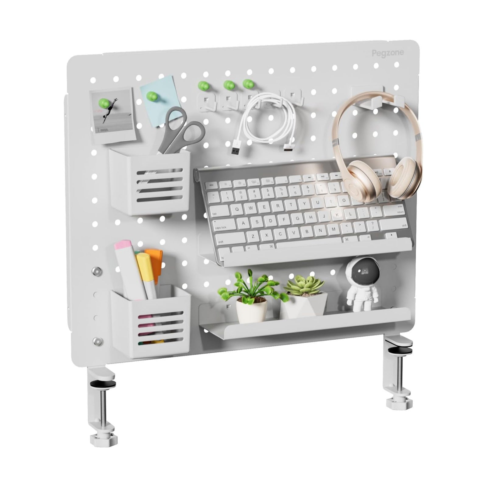 Clamp on Desk Pegboard, 20.4" x 16.5", with 15 Accessories, White | Magnetic Metal Peg Board, Desk Organizer for Office
