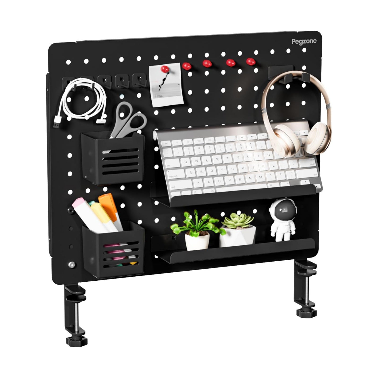 Clamp on Desk Pegboard, 20.4" x 16.5", with 15 Accessories, Black | Magnetic Metal Peg Board, Desk Organizer for Office