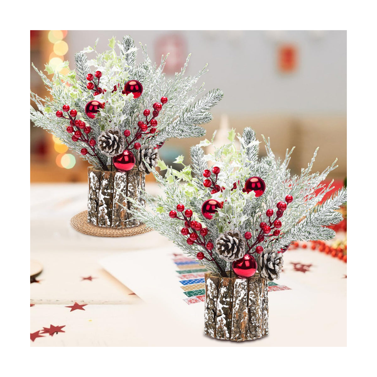 2 Pack Christmas Table Decorations, 14 Inch Christmas Centerpiece Small Potted Christmas Tree with Lights, Pine Cones and Berries, Xmas Artificial Plants for Tables, Home, Mantel Holiday Decor