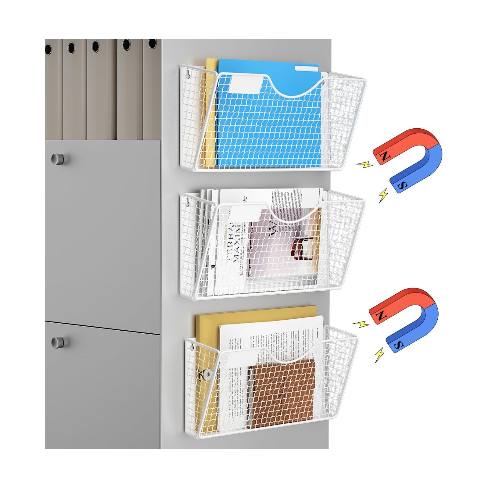 MFTEK Magnetic File Holder, 3 Pockets Wall File Folders Holder No Drilling Magnetic Paper Mail Organizer Magazine