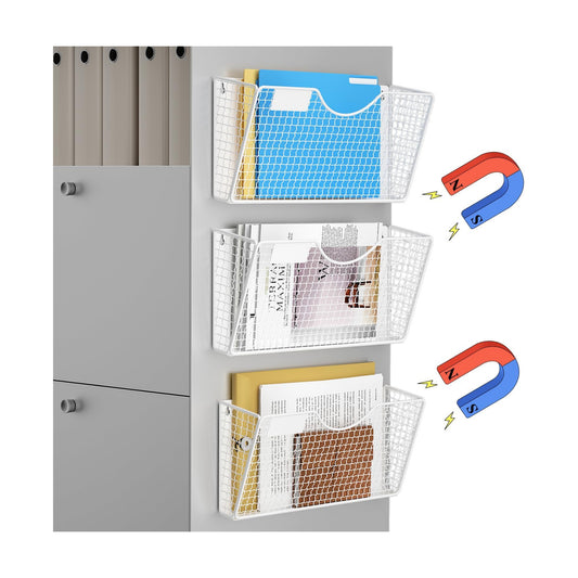 MFTEK Magnetic File Holder, 3 Pockets Wall File Folders Holder No Drilling Magnetic Paper Mail Organizer Magazine