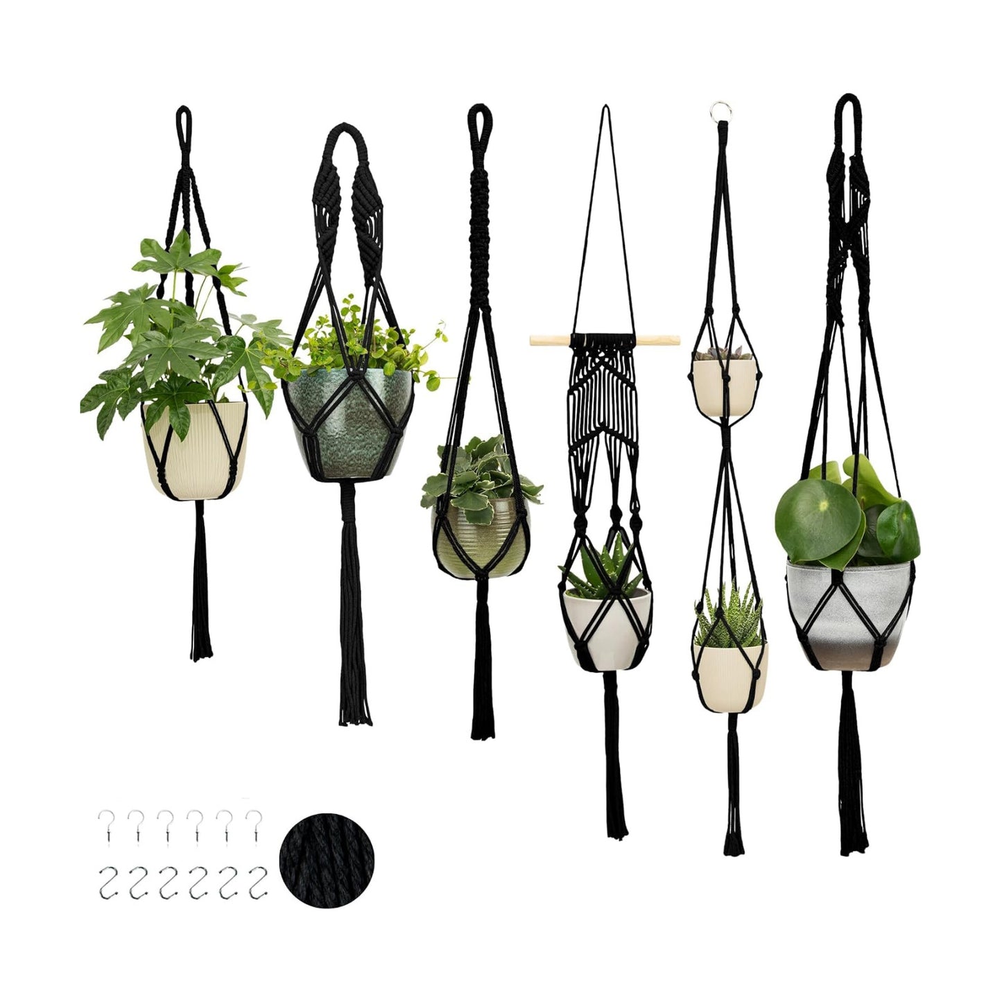 Macrame Plant Hangers / 6-pack Black / Set of 6