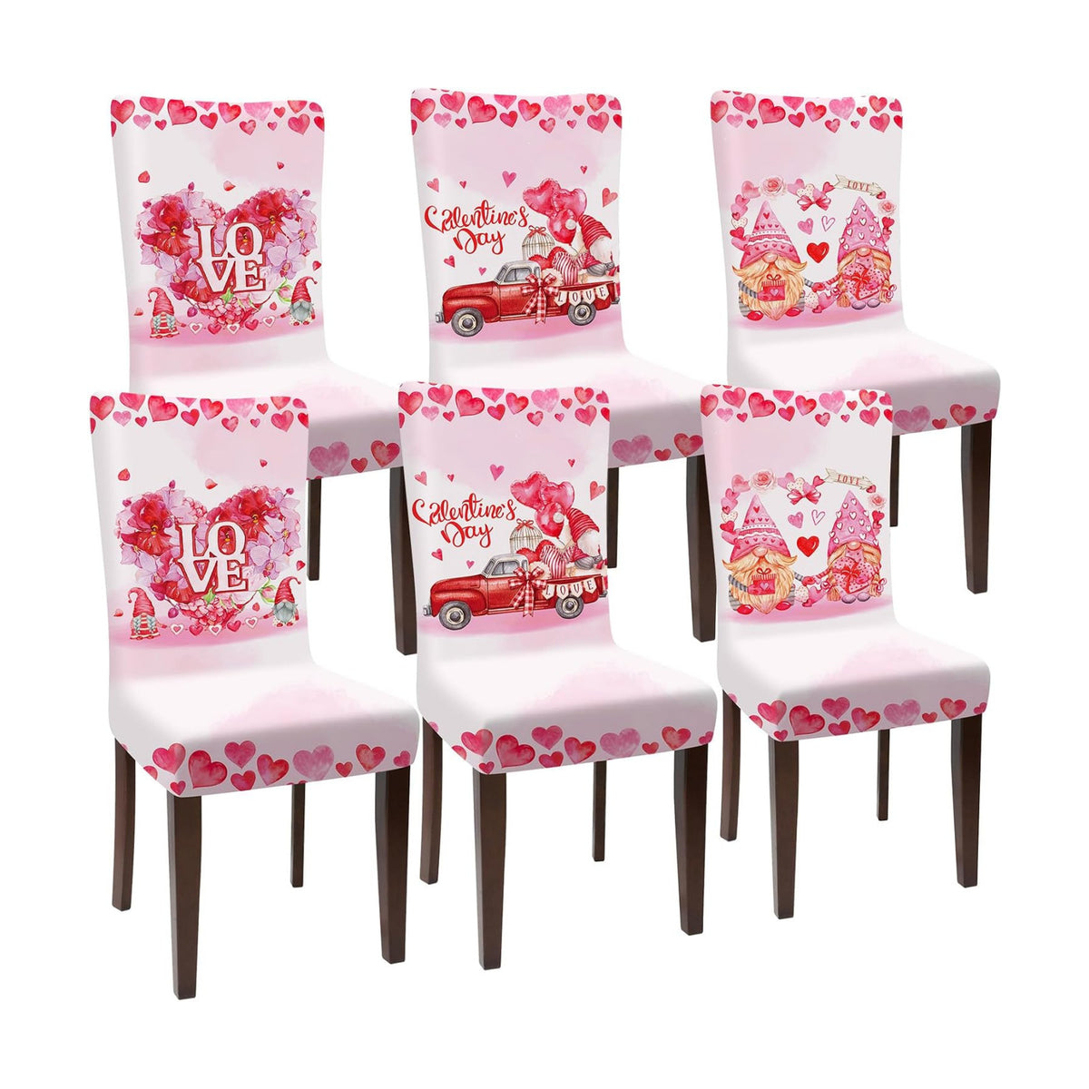 Preboun Valentine's Day Chair Covers Set of 6 Valentines Dining Protector Stretch Red Heart Removable Washable Valentine Gnome Red Truck Slipcovers for Dining Hotel Party Wedding