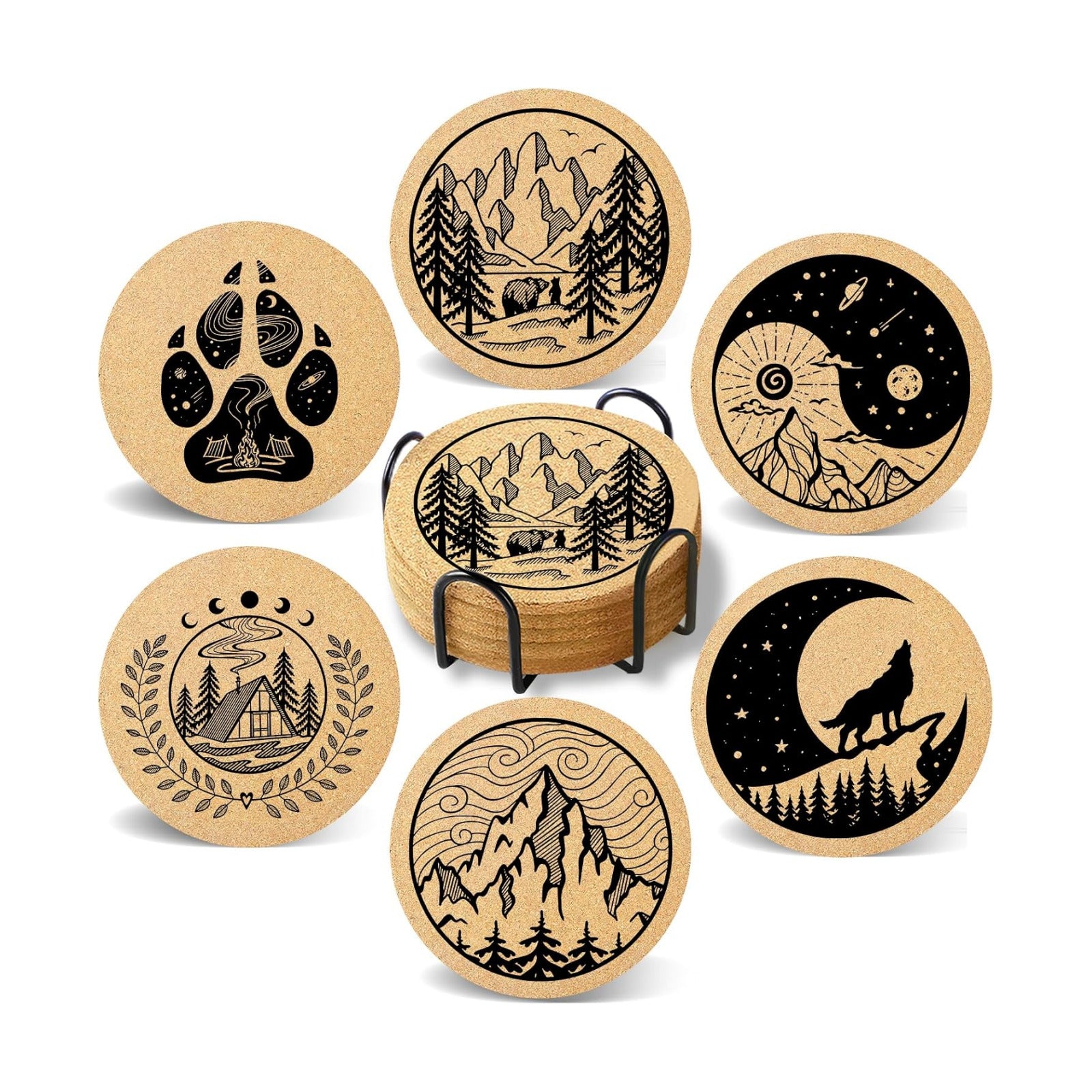 Holder / Cork Coaster Absorbent Wood for Cup Desk Office Table Kitchen Decor / Mountain / Set of 6