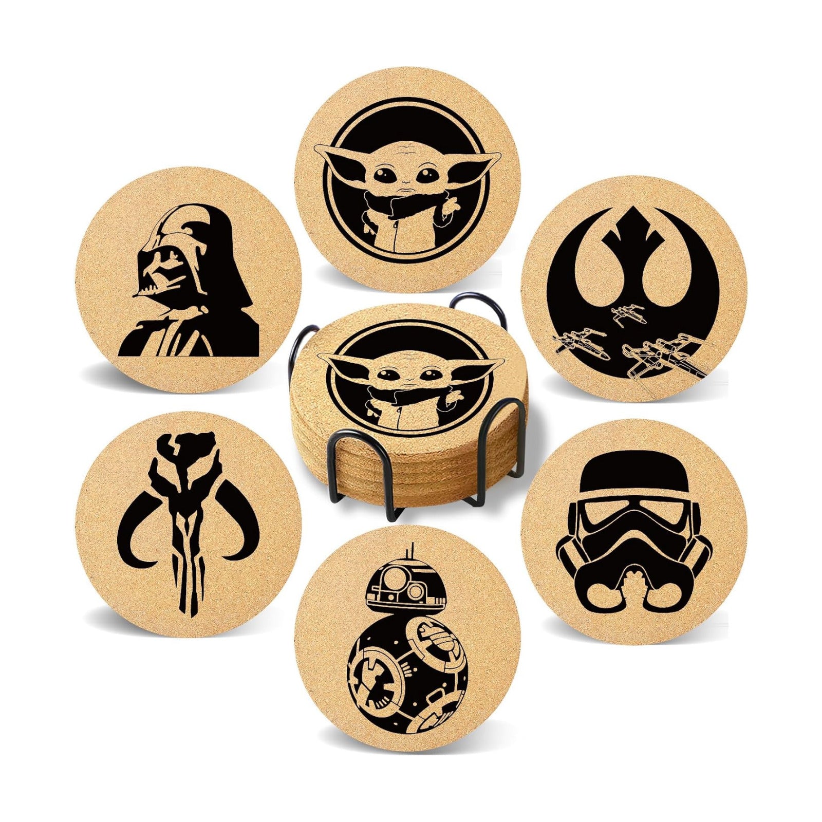 Holder / Absorbent Coaster Cork Wood for Cup Desk Office Table Kitchen / Star Battle / Set of 6