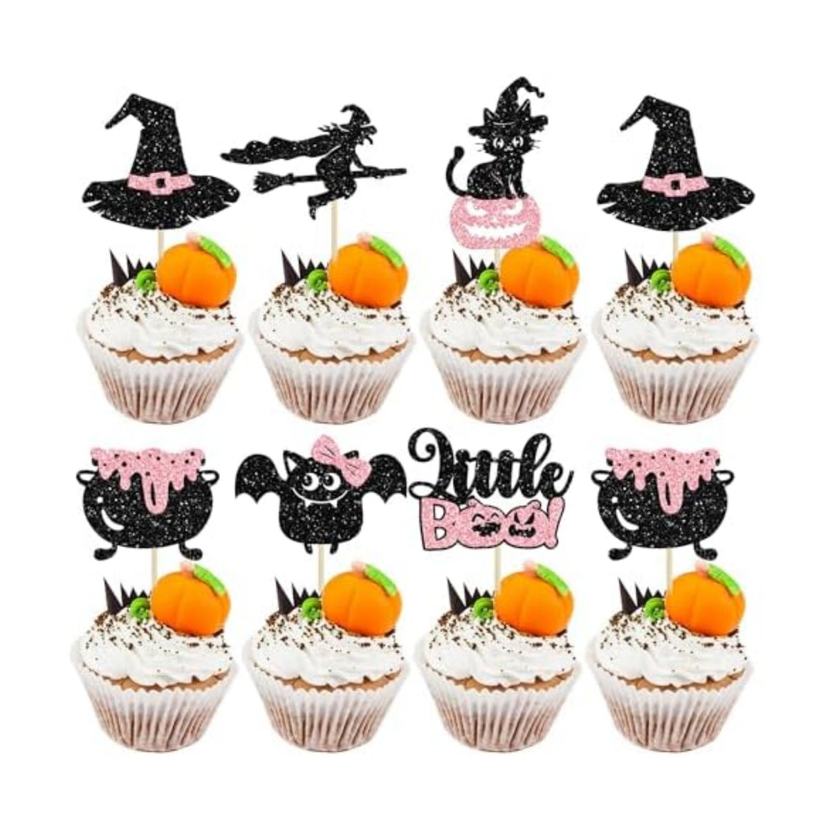 Gyufise 24Pcs Halloween Cupcake Toppers Glitter Pink Ghost Little Boo Bat Witch Cat Pumpkin Cupcake for Halloween Theme Baby Shower Birthday Party Cake Decorations Supplies