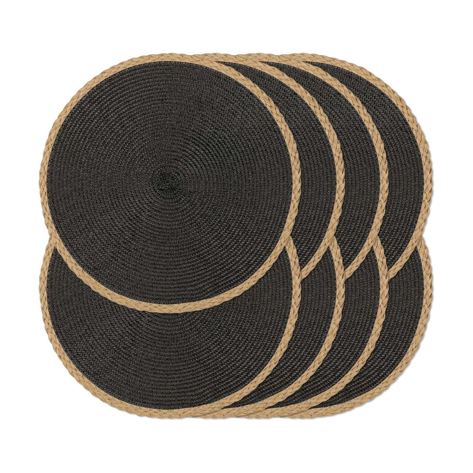 Round Placemats Set of 8, Woven Table Mats, Thin Edge, Black | Braided Paper Edge, 15 Inch Diameter, Fits Dinner Plate