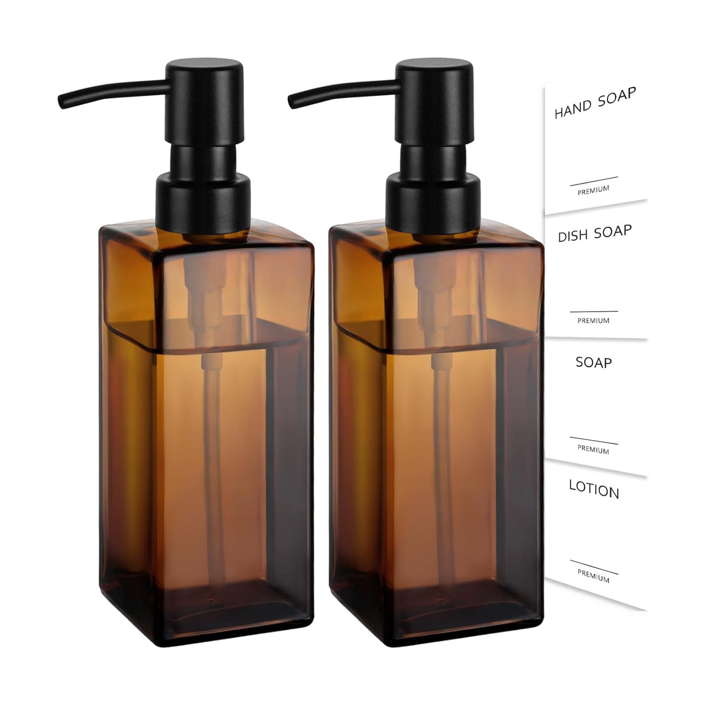 GMISUN Amber Glass Soap Dispenser, 2 Pack Hand Soap Dispenser Bathroom, 12 fl oz/350ml Dish Dispenser Set for Kitchen