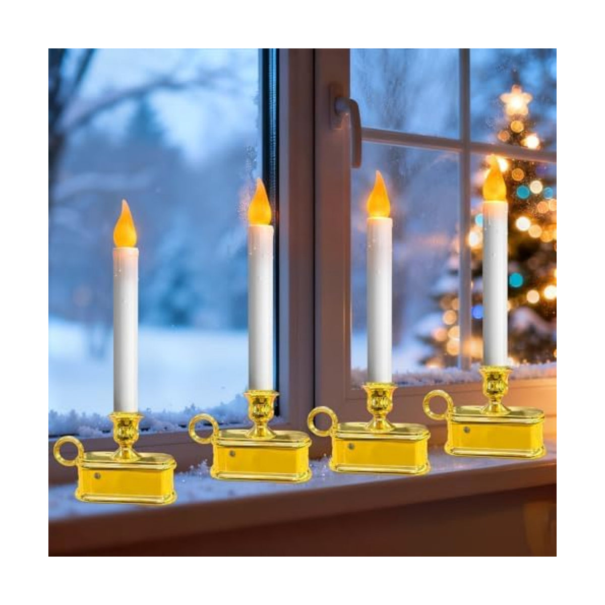4 Pack Christmas Window Candle Lamps with Sensor Dusk to Dawn,10 Inch Battery Operated LED Window Candles with Flickering Amber Flame for Weddings Table Christmas Decor, Gold Plated Base