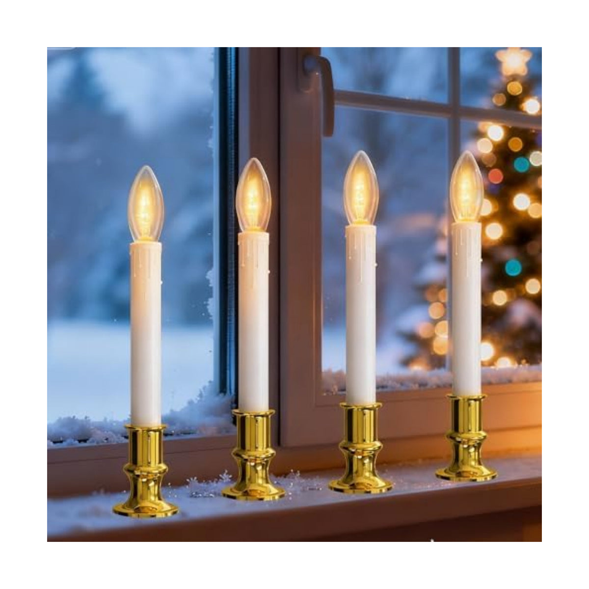 4 Pack Christmas Window Candle Lamps, Battery Operated Window Candle Lights with Automatic Timer and C26 3V LED Bulbs Candlestick for Indoor Windows Table Decor, 4 Suction Cups