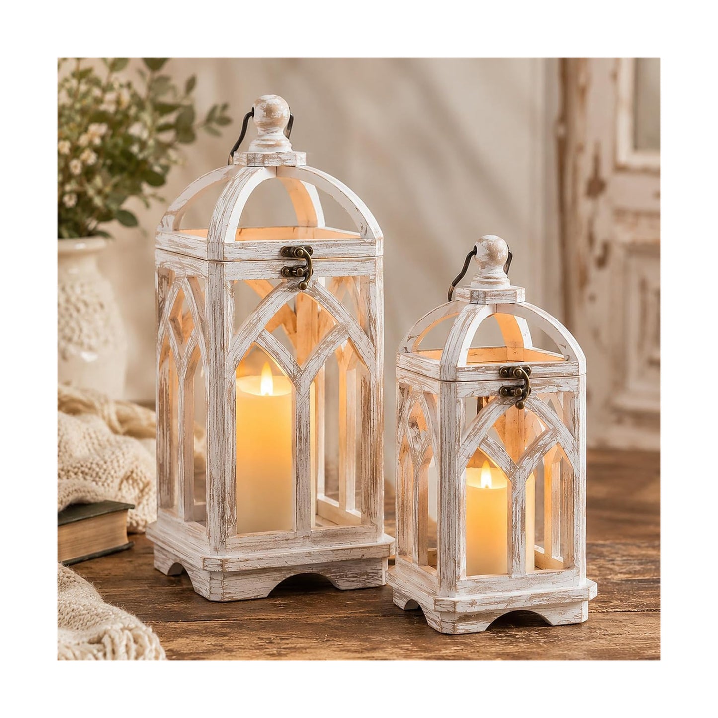 Farmhouse Lantern Decorative Indoor, White Wood Candle Holder | Wash White Hanging Lanterns, 15" & 11" Set of 2, Fall