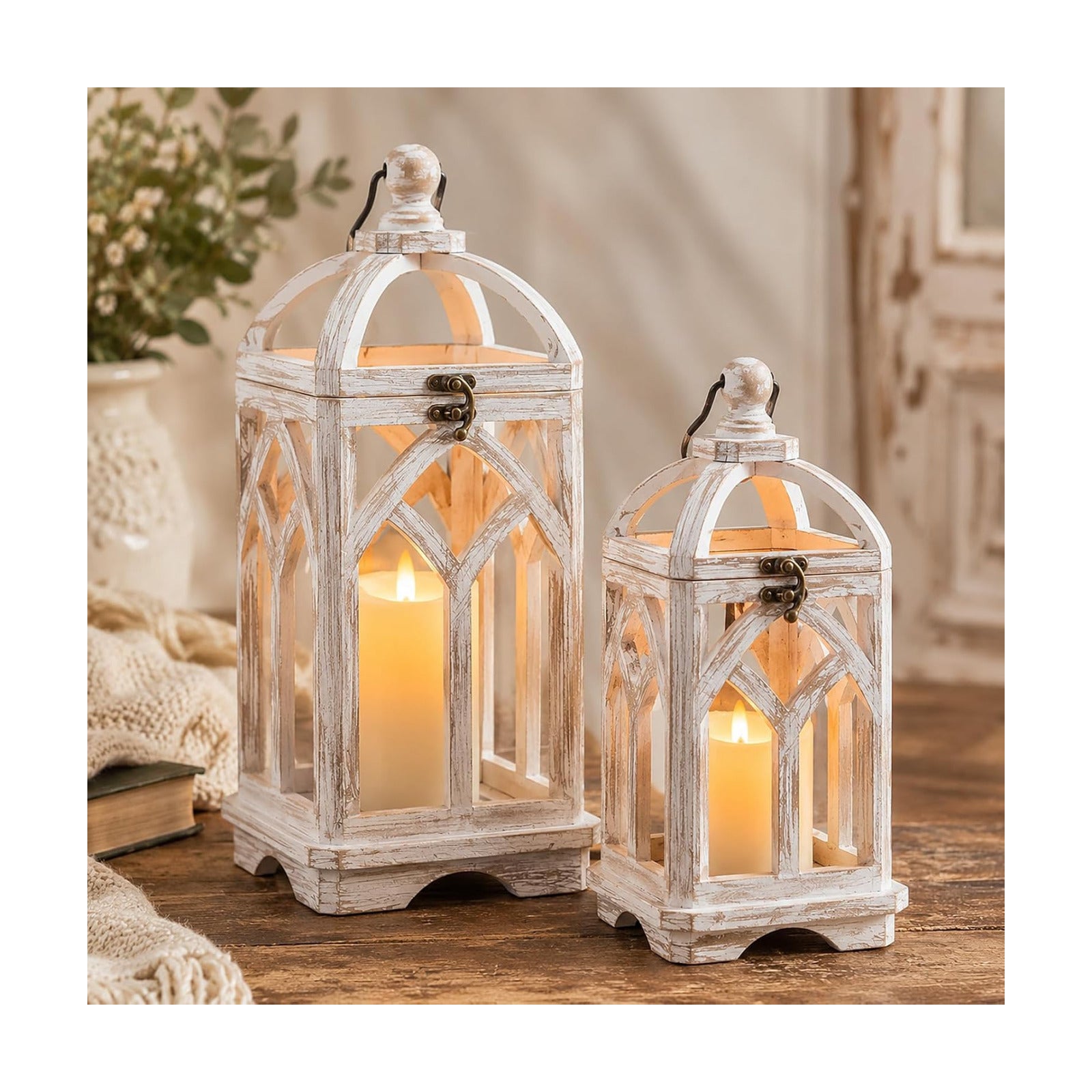 Farmhouse Lantern Decorative Indoor, White Wood Candle Holder | Wash White Hanging Lanterns, 15" & 11" Set of 2, Fall