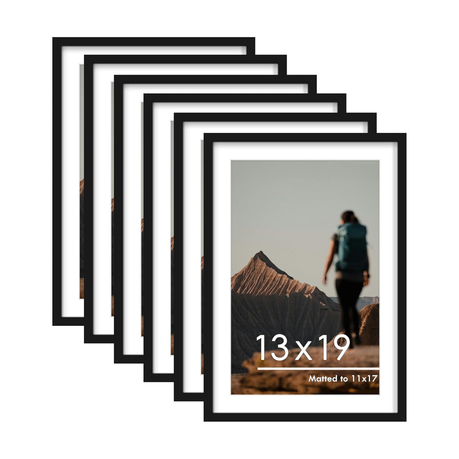 13x19 Picture Frame Set of 6, Wall Mounting Display, Black | Display 11x17 with Mat or 13x19 Without Mat, Horizontal or