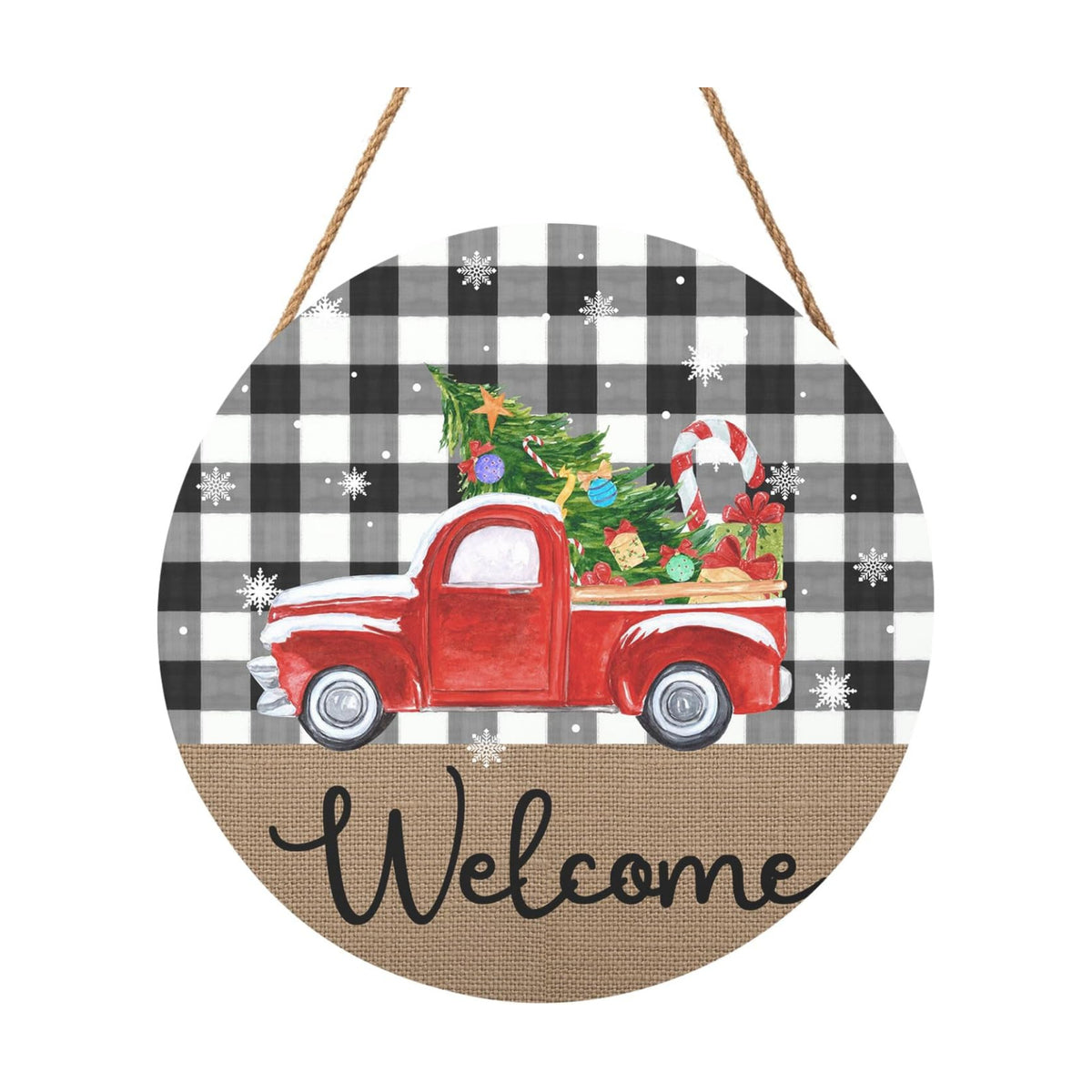 Christmas Welcome Front Door Sign for House Merry Christmas Holiday Decoration Hanging Sign Red Truck Xmas Round Wood Wreaths for Home Wall Porch Yard Garden Farmhouse Xtmas Day 12"x12"