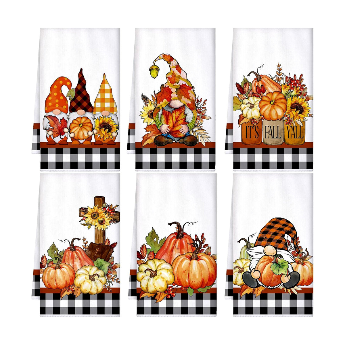 Geyoga Set of 6 Fall Kitchen Towels Autumn Dish Towels Vintage Gnomes Towel