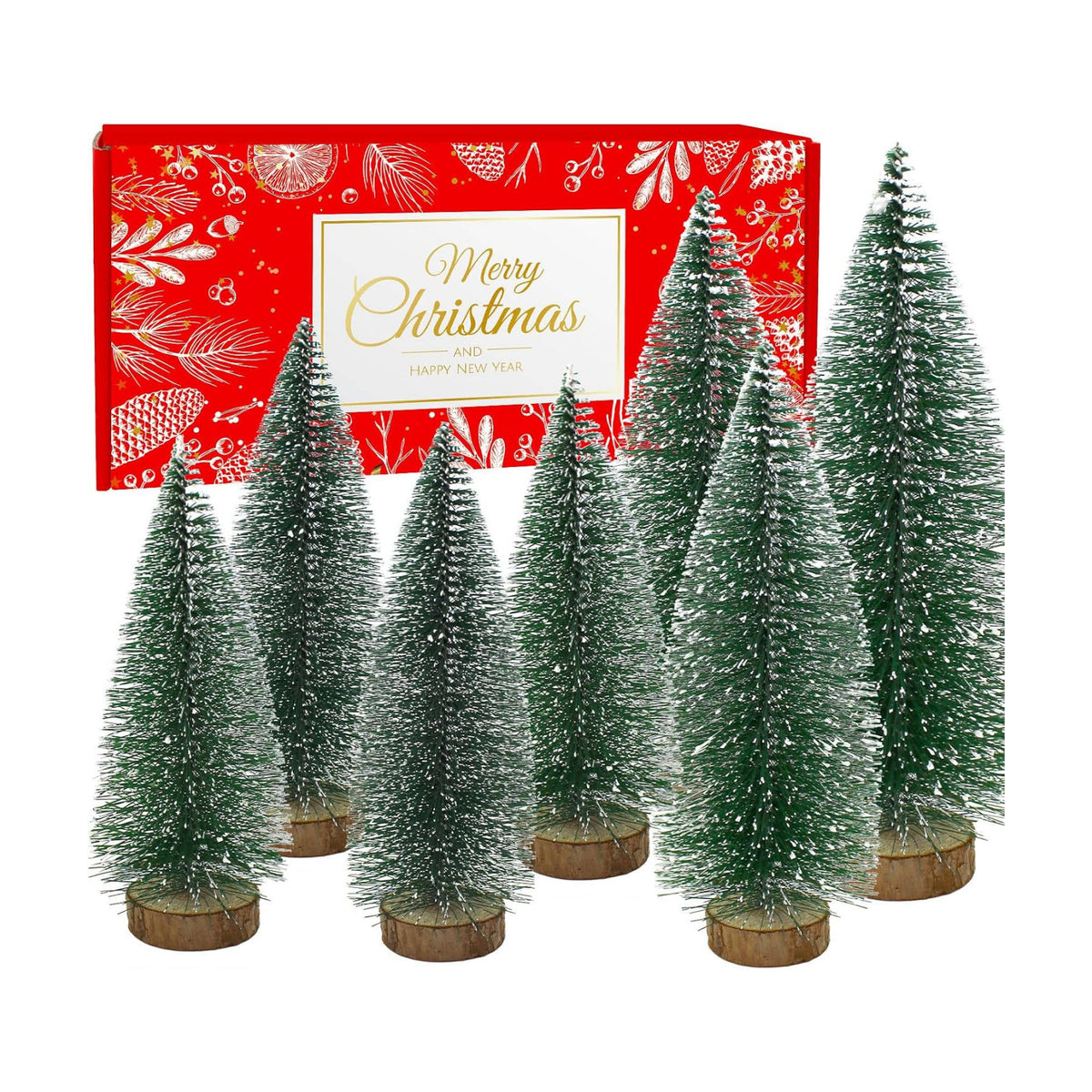 7PCS Small Christmas Trees, Bottle Brush Christmas Trees Mini Sisal Snow Frost Trees Pine Trees with Wood Base Tabletop Mini Christmas Village Tree for Holiday Decorations