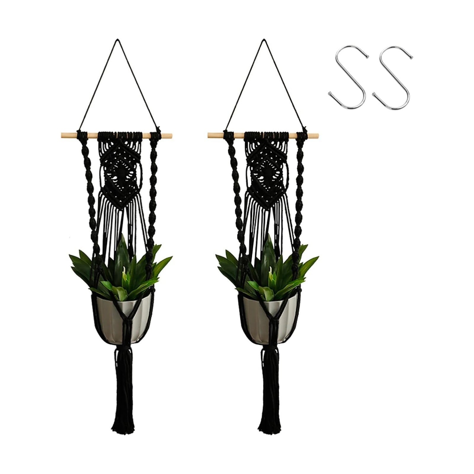 Black Plant Hanger Macrame Hanging Planter / Black Wood Hanger / Set of 2