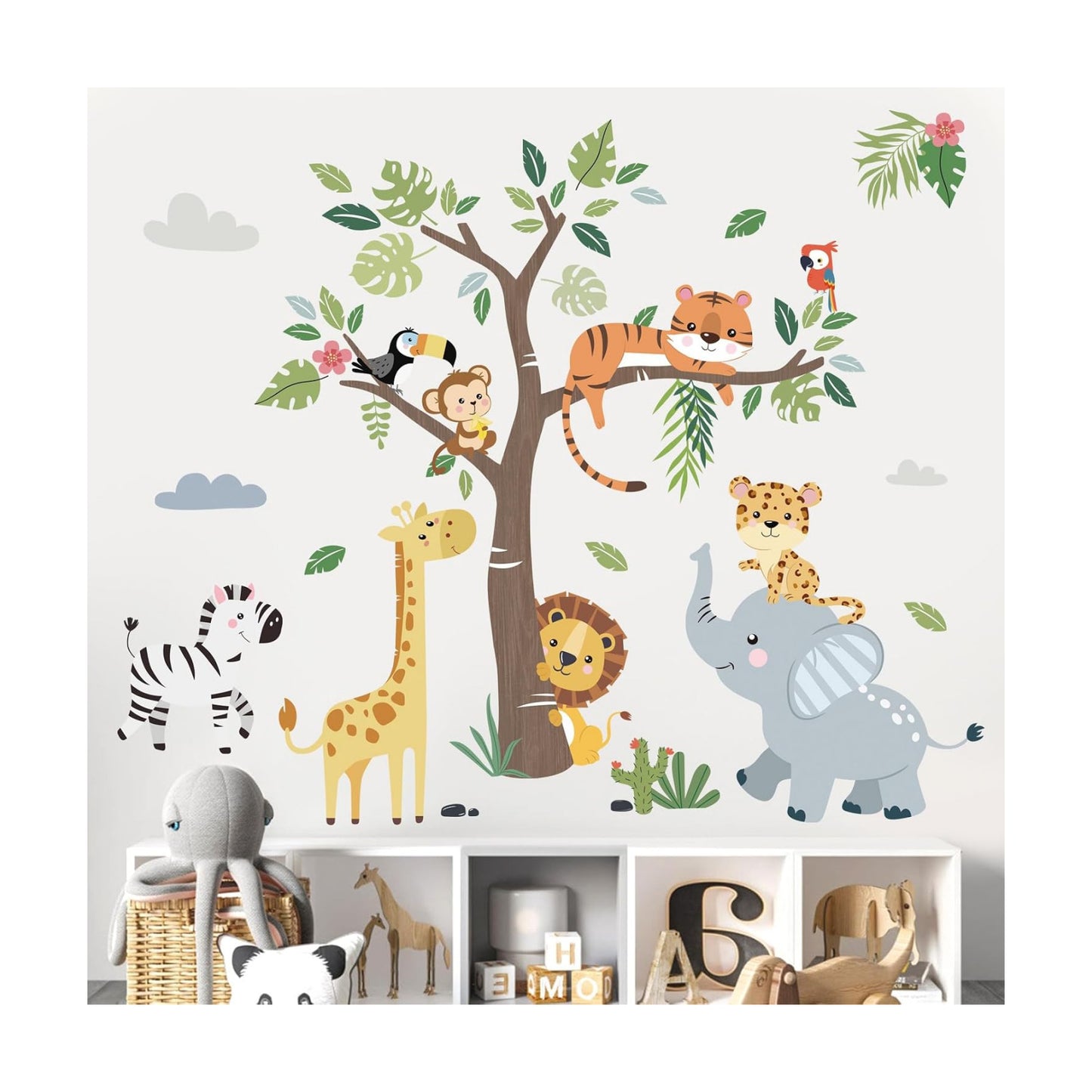 Jungle Animals Tree Wall Decals Elephant Giraffe Lion Safari Wall Stickers Baby Nursery Kids / C