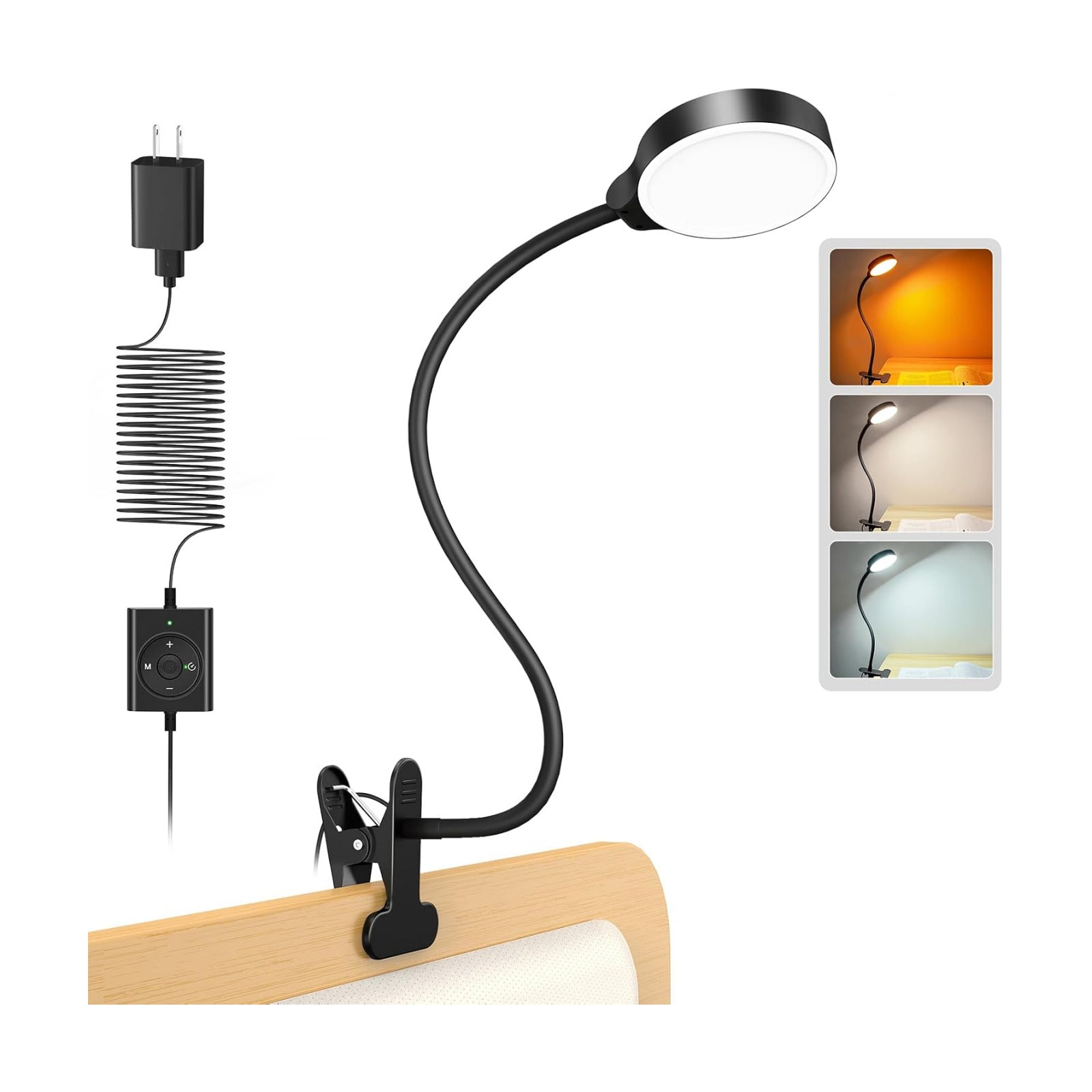 Glocusent 5W Clip on Light, 3 Colors & 5 Brightness Reading Light for Bed | Flexible Gooseneck Clip on Lamp, 30-Min