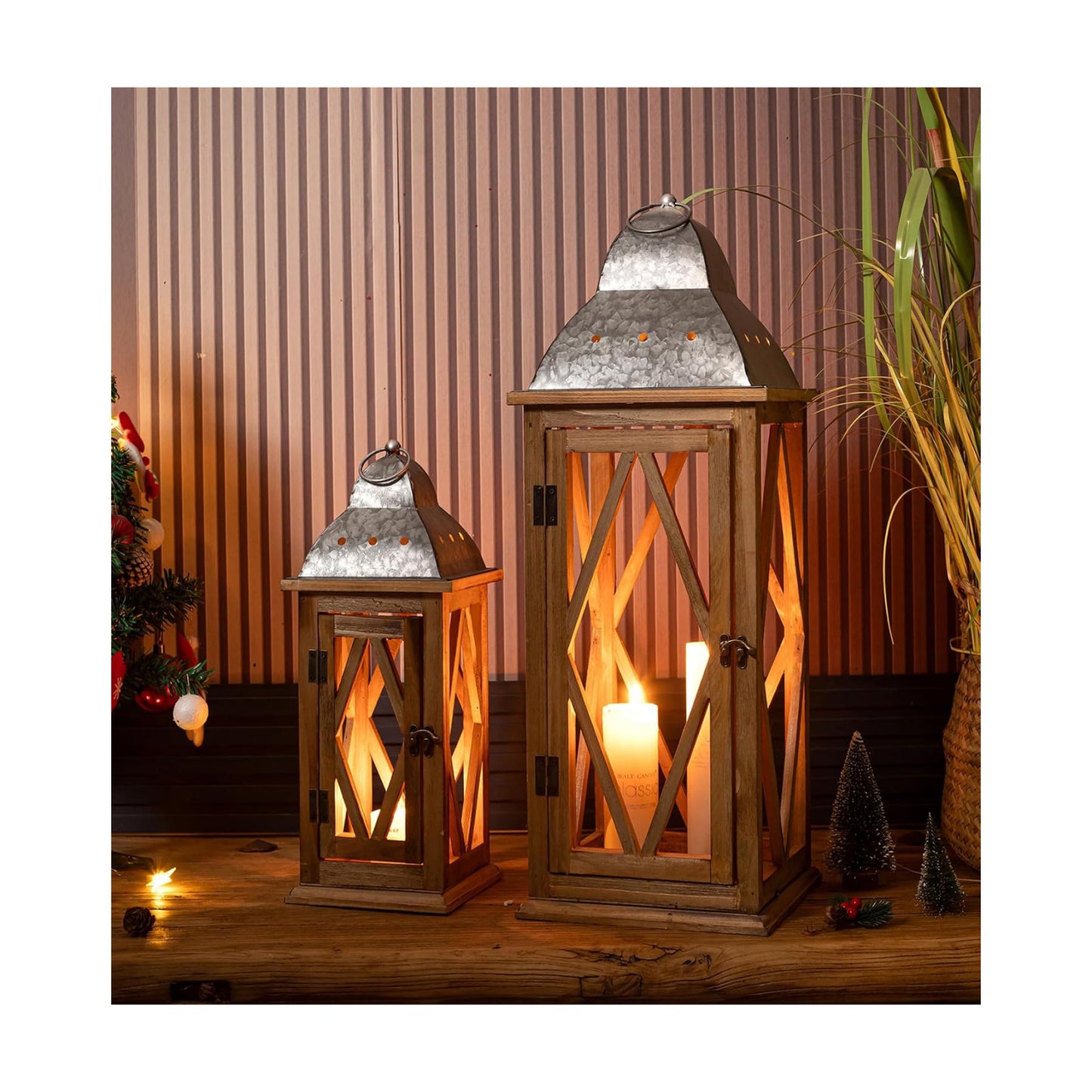 Large Farmhouse Wooden Metal Lantern Set of 2, Rustic Decorative Floor Candle Lanterns, Indoor/Outdoor Hanging Lanterns