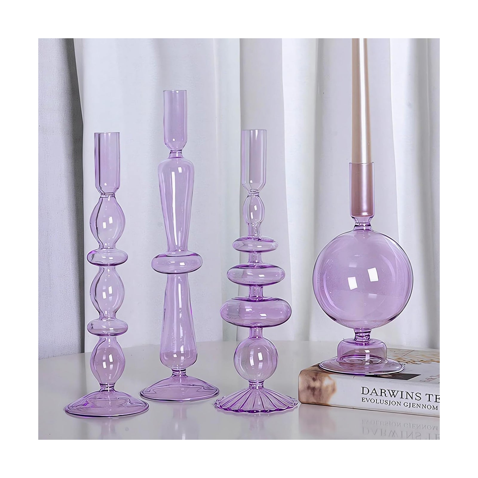 Candle Stick Candle Holder, Glass Candle Holders for Table Centerpiece, Modern Style Purple Candle Holder Mixed 4pcs