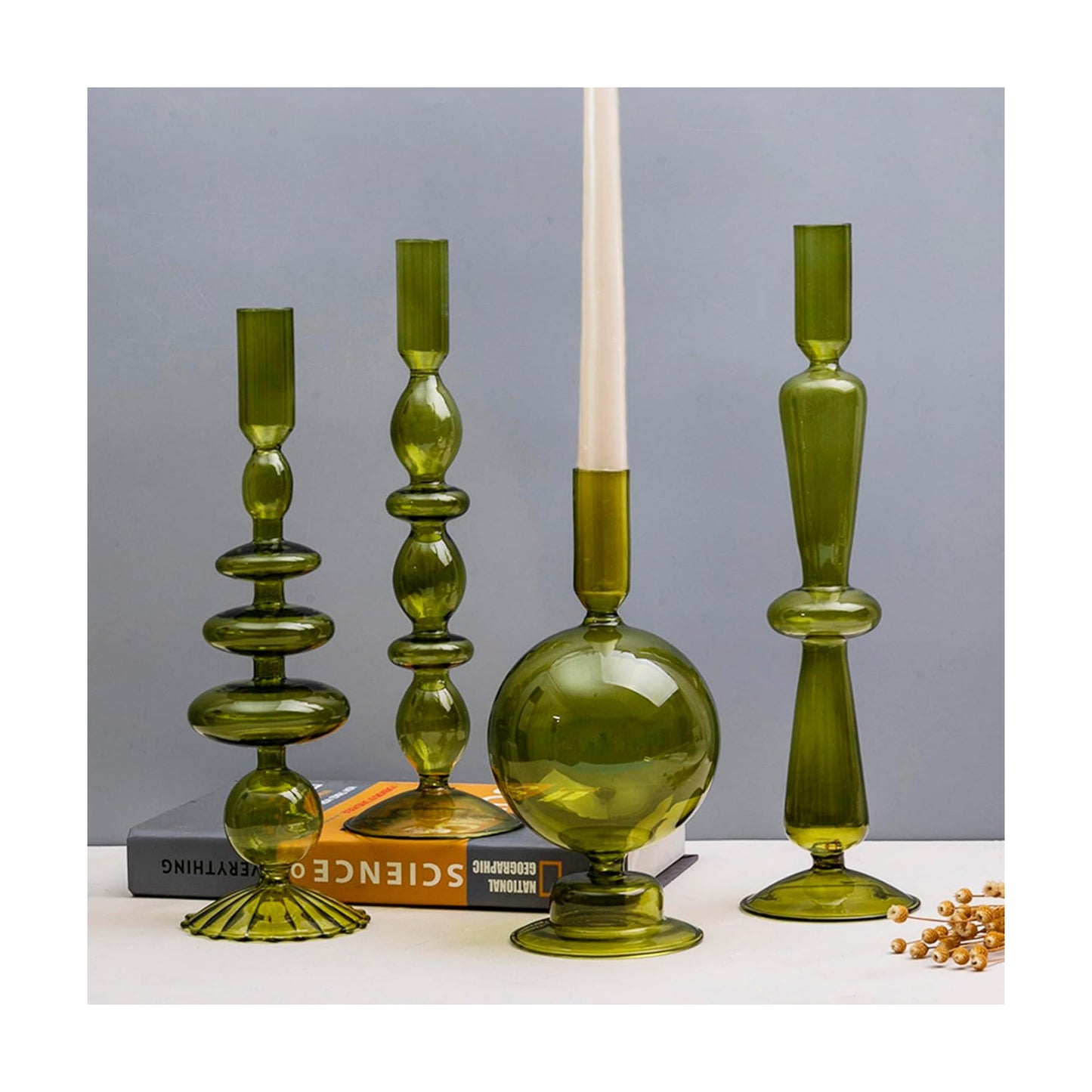Candle Stick Candle Holder, Glass Candle Holders for Table Centerpiece, Modern Style Green Candle Holder Mixed 4pcs