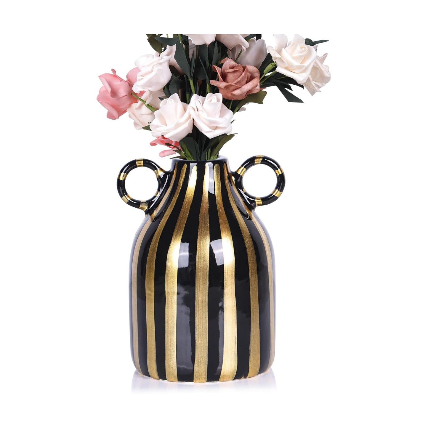 Ceramic Black and Gold Hand-Painted Striped Decorative Vase for Modern Bohemian Pampas / Black Gold