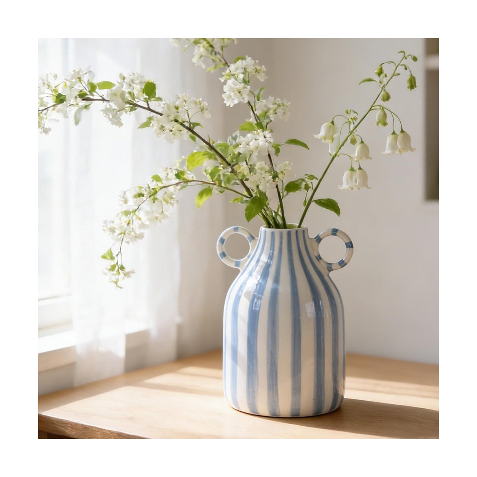 Ceramic Blue and White Striped Vase / Blue White