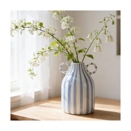 Ceramic Blue and White Striped Vase / Blue White