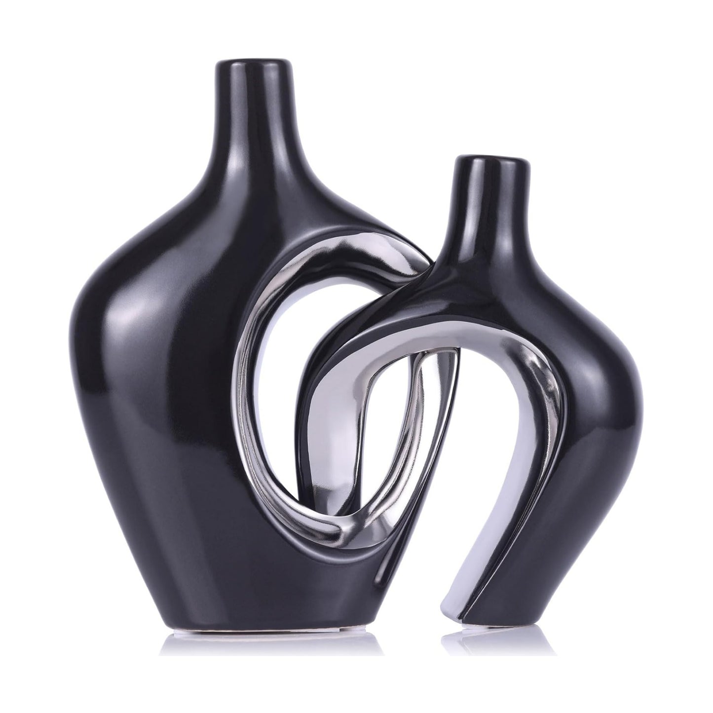 Hollow Ceramic Vase / Black and Silver / Set of 2
