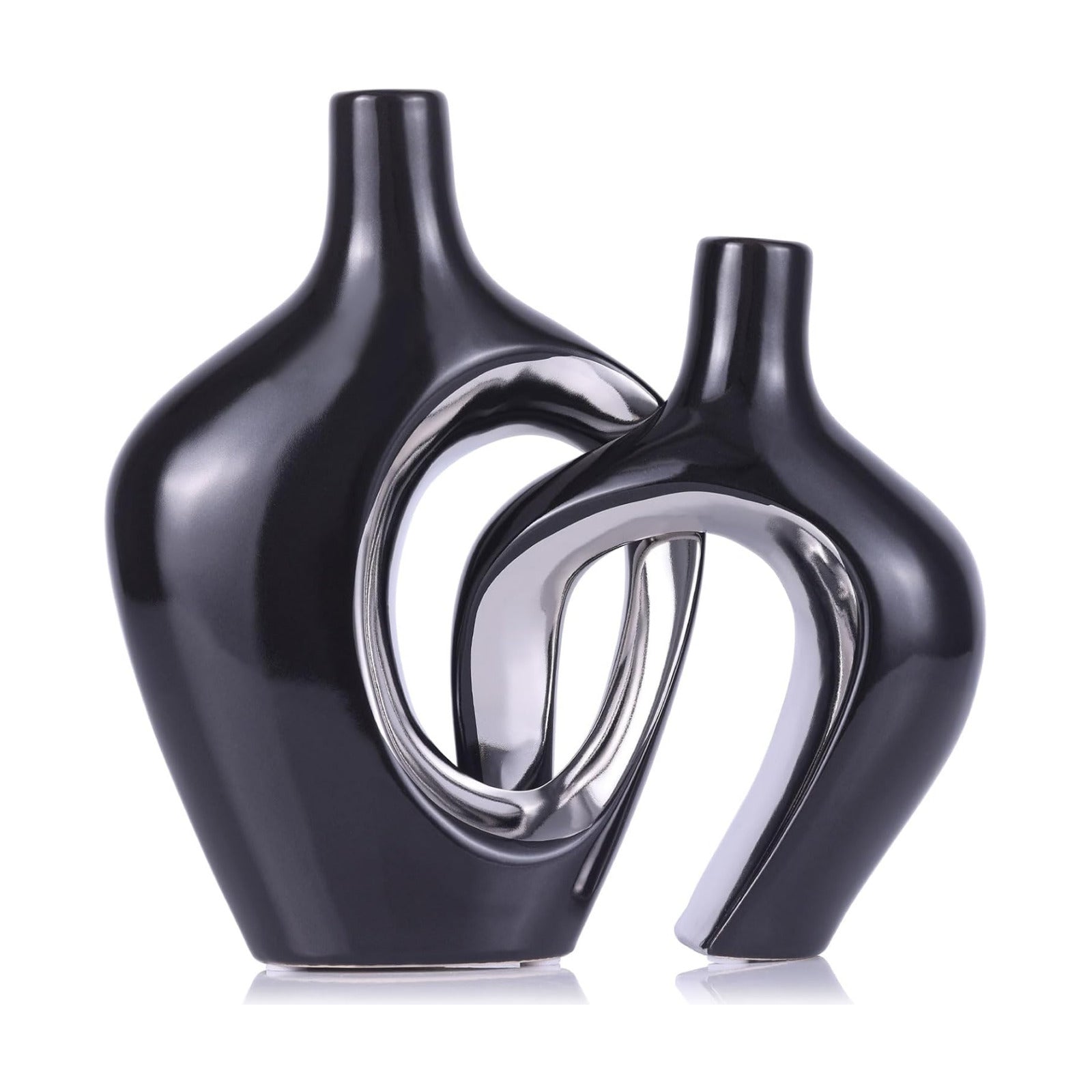 Hollow Ceramic Vase / Black and Silver / Set of 2
