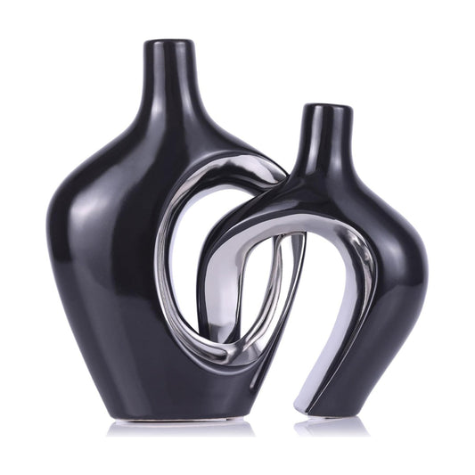 Hollow Ceramic Vase / Black and Silver / Set of 2