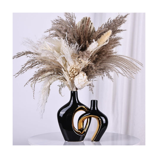 Hollow Ceramic Vase / Black and Gold / Set of 2