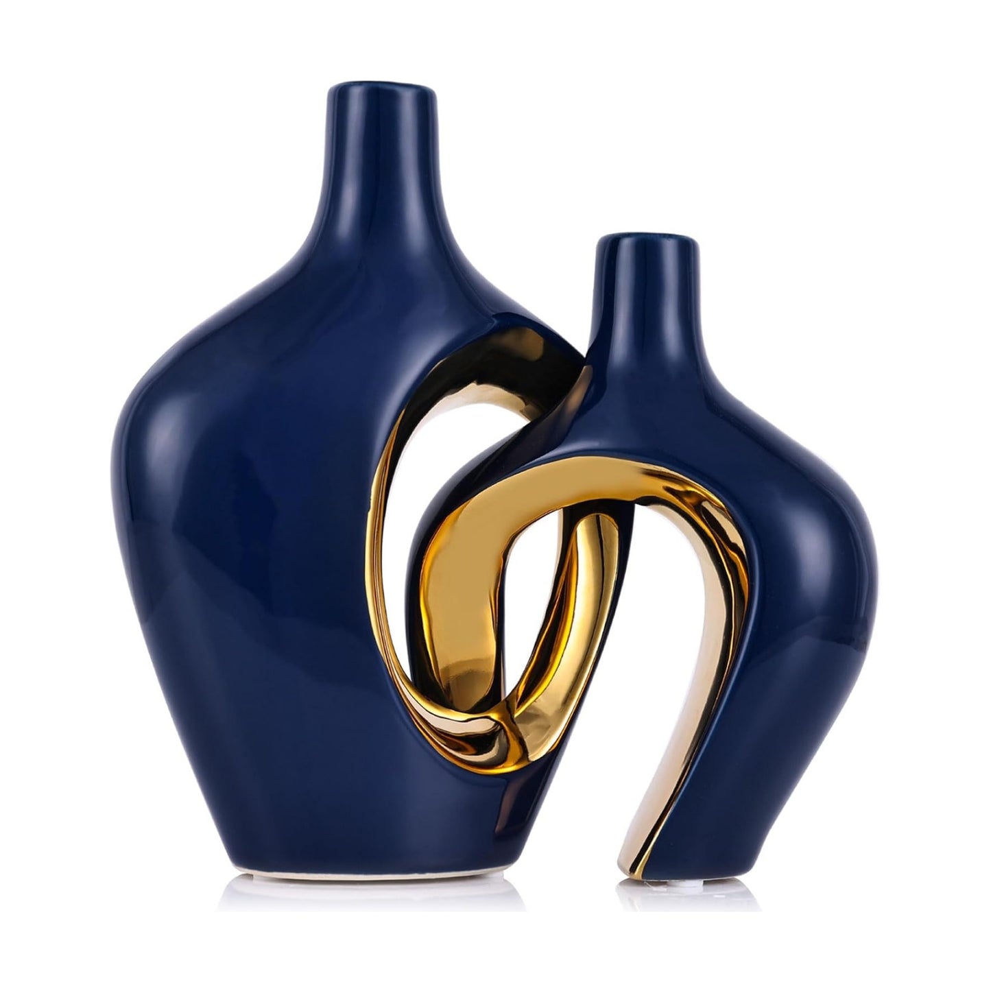 Blue Hollow Ceramic Vases / Blue and Gold / Set of 2