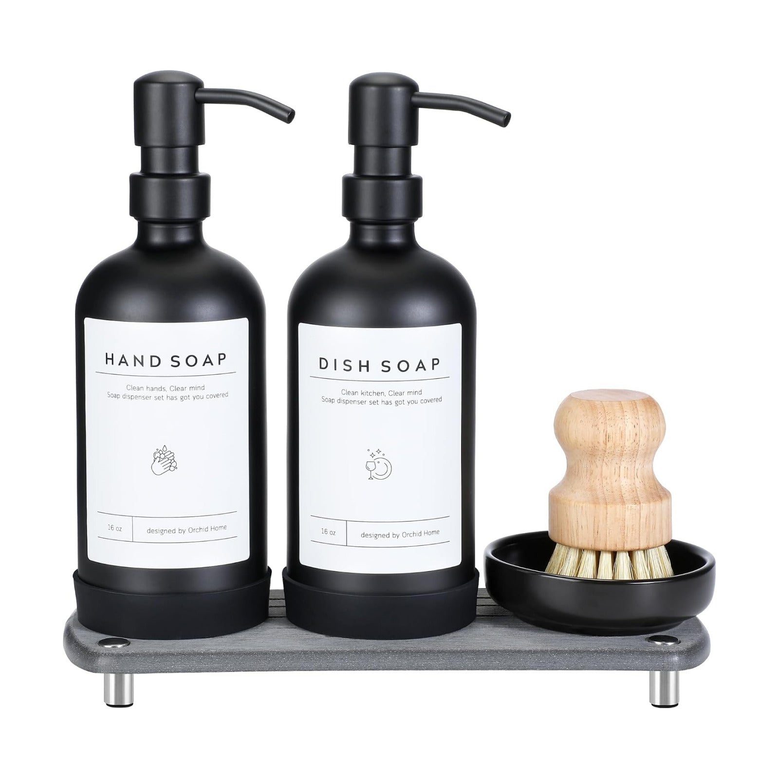 [Luxury] Kitchen Soap Dispenser Set - 16OZ Black Glass Bottle, Stainless Steel Pump, Instant Dry Tray, Waterproof