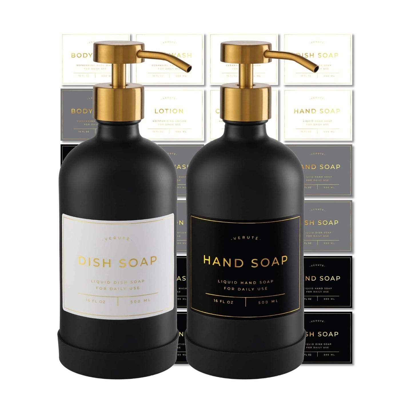 Hand and Dish Soap Dispenser for Kitchen and Bathroom, Set of 2 16 Oz Glass Bottles, Stainless Steel Pumps, Non-Slip