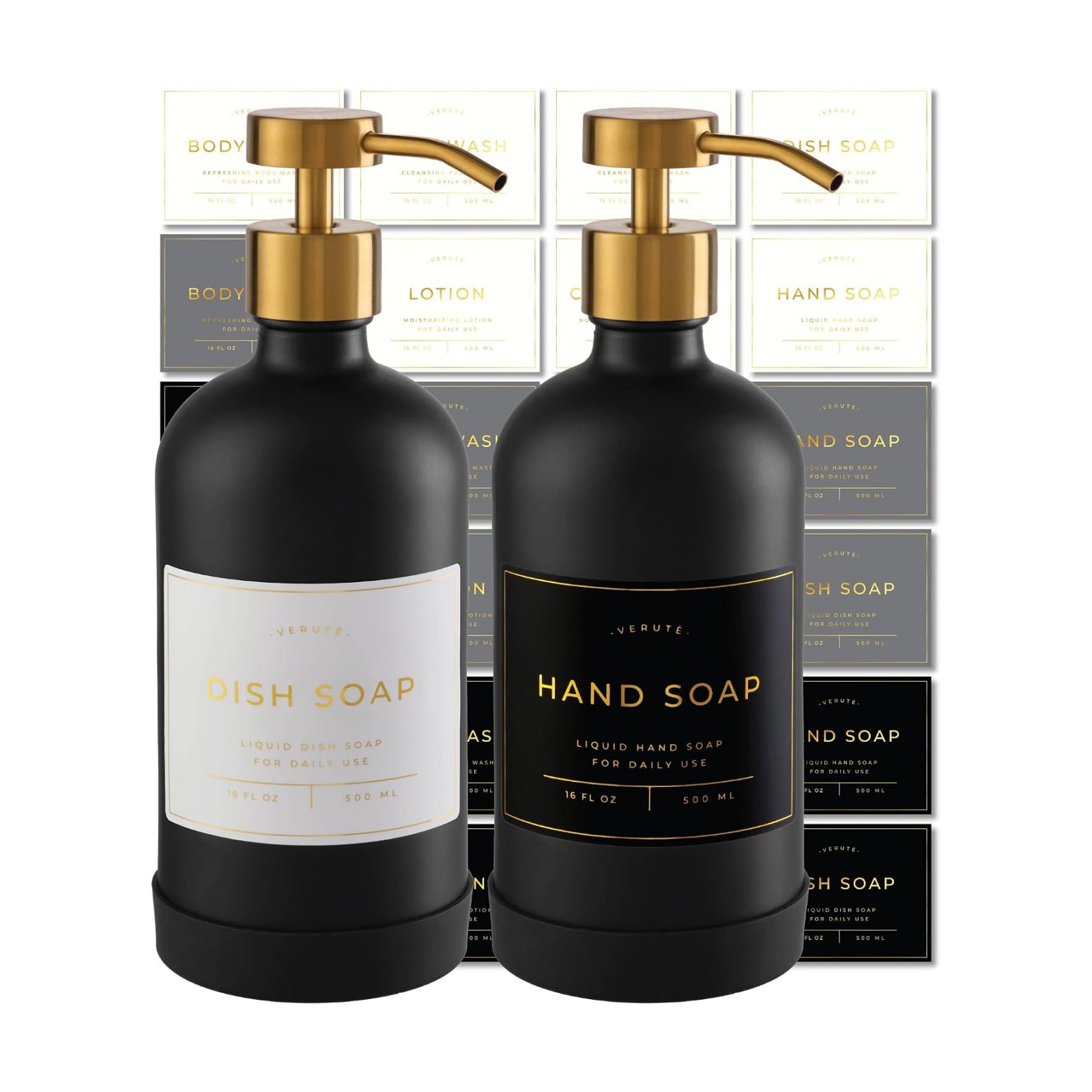 Hand and Dish Soap Dispenser for Kitchen and Bathroom, Set of 2 16 Oz Glass Bottles, Stainless Steel Pumps, Non-Slip
