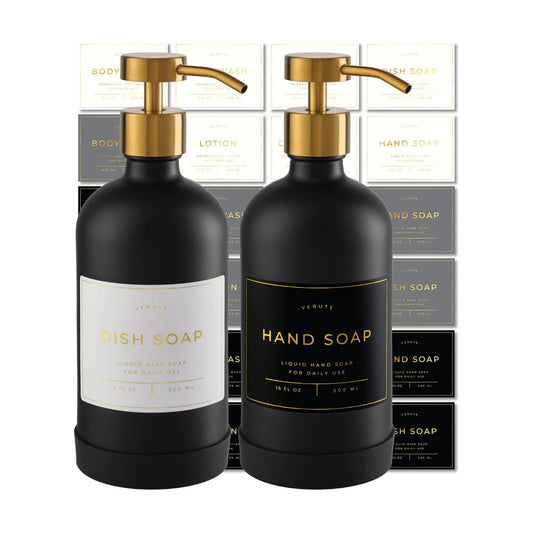 Hand and Dish Soap Dispenser for Kitchen and Bathroom, Set of 2 16 Oz Glass Bottles, Stainless Steel Pumps, Non-Slip