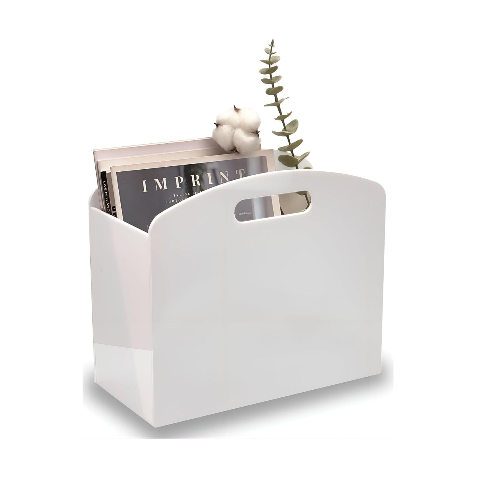 White Magazine Holder - Acrylic Magazine Rack Floor, Newspaper Stand with handles, Modern Lucite Magazine and Book