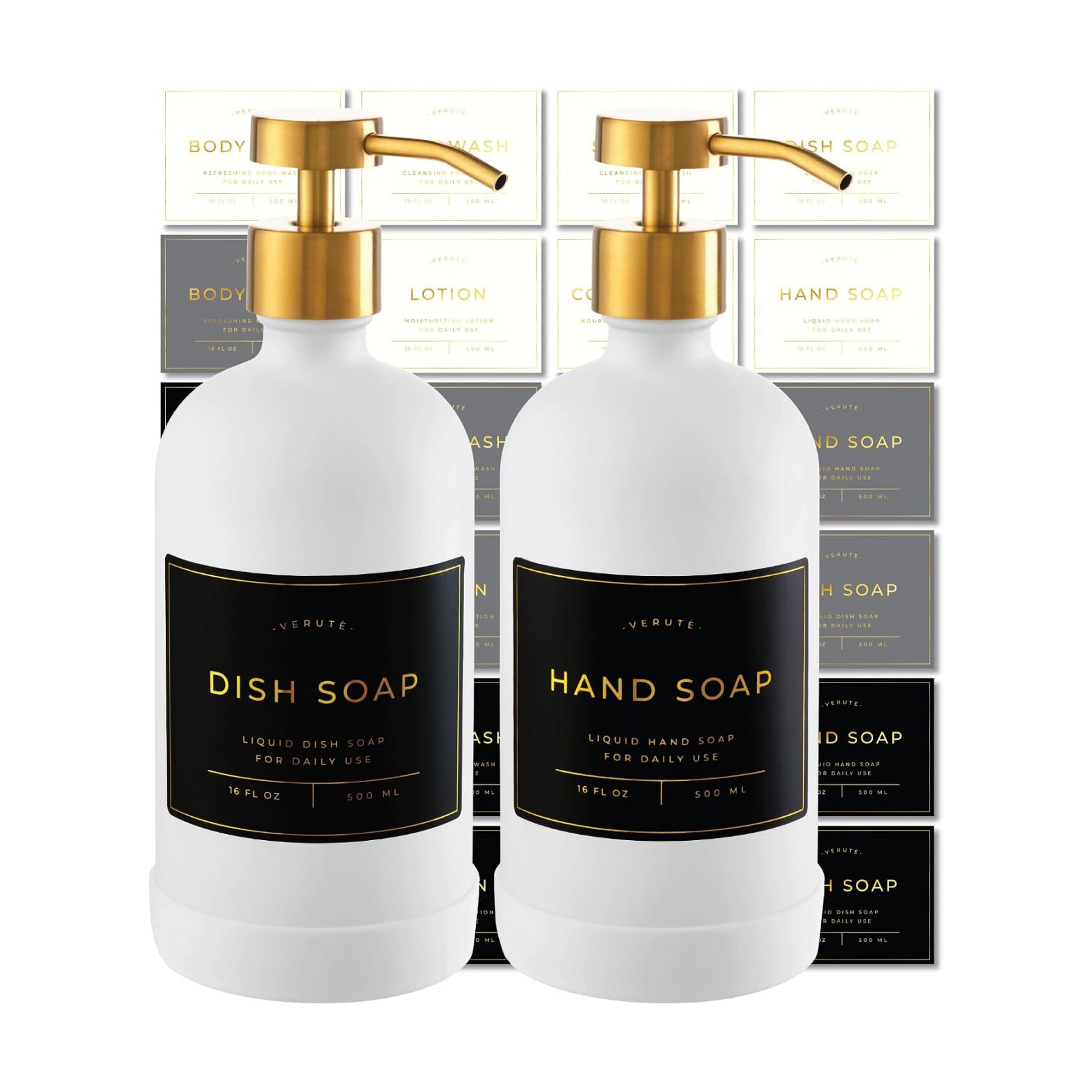 Hand and Dish Soap Dispenser for Kitchen and Bathroom, Set of 2 16 Oz Glass Bottles, Stainless Steel Pumps, Non-Slip