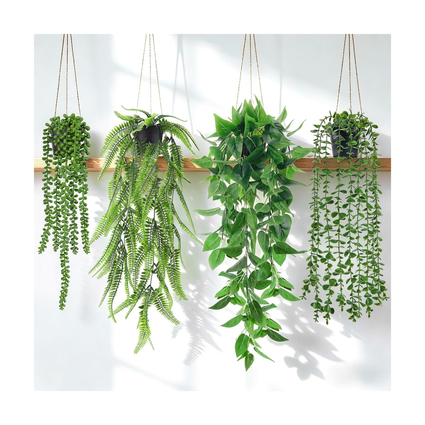 Fake Plants Hanging Artificial Ivy Vine Faux Eucalyptus Hanging / Black Pots- Green / Set of 4