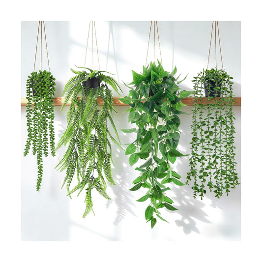Fake Plants Hanging Artificial Ivy Vine Faux Eucalyptus Hanging / Black Pots- Green / Set of 4
