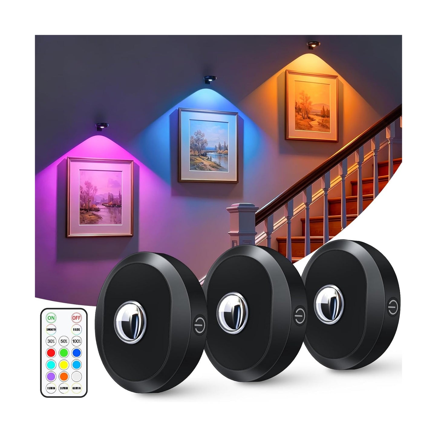 WILLED Rechargeable Lights for Pictures on Wall,RGB Puck Lights with Remote | 9 RGB Colors Poster Lights,Dimmable with
