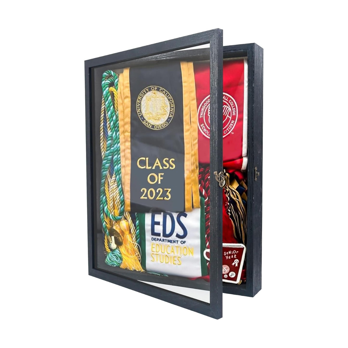 Large Graduation Shadow Box Frame for Cap Gown, Black 13x16 Display Case | Hinged Front Open Door Keepsake Box with