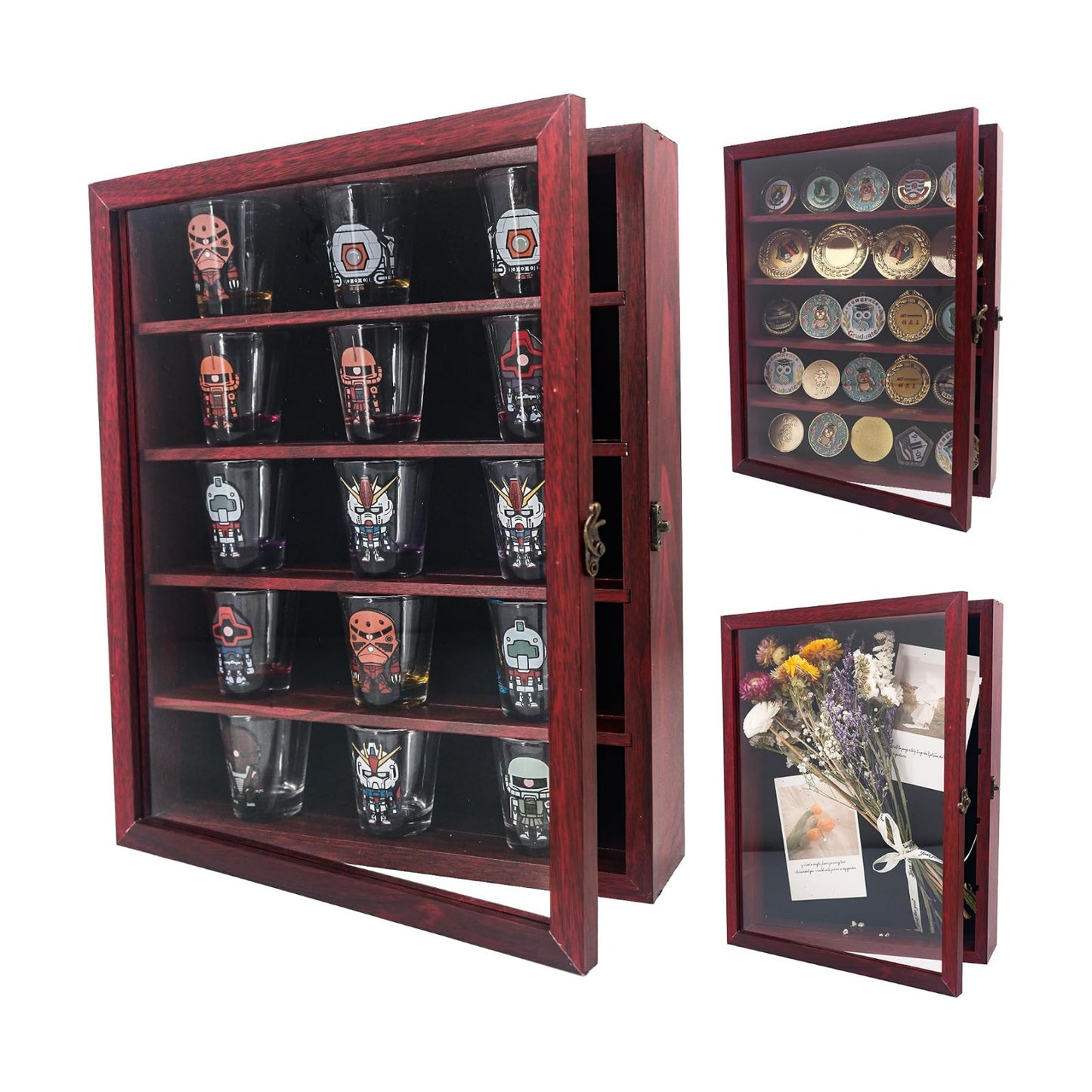 FramePro 11x14 Display Case with Adjustable Shelves Cherry, 4-Tier Memory Shadow Box for Wall, Deep Wooden Keepsake